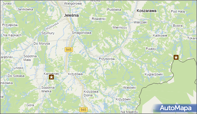 mapa Przyborów gmina Jeleśnia, Przyborów gmina Jeleśnia na mapie Targeo