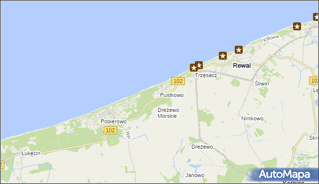 mapa Pustkowo gmina Rewal, Pustkowo gmina Rewal na mapie Targeo