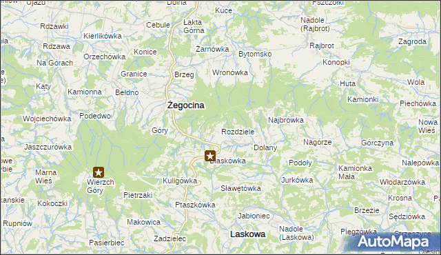 mapa Rozdziele gmina Żegocina, Rozdziele gmina Żegocina na mapie Targeo