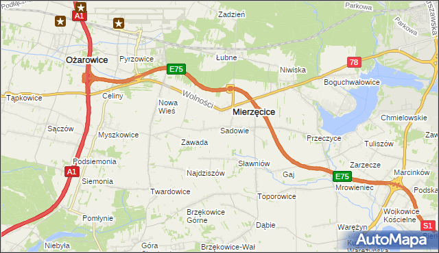 mapa Sadowie gmina Mierzęcice, Sadowie gmina Mierzęcice na mapie Targeo