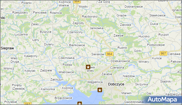 mapa Sieraków gmina Dobczyce, Sieraków gmina Dobczyce na mapie Targeo