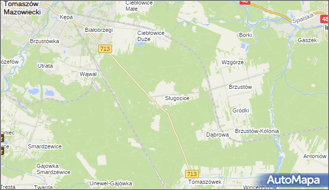 mapa Sługocice gmina Tomaszów Mazowiecki, Sługocice gmina Tomaszów Mazowiecki na mapie Targeo