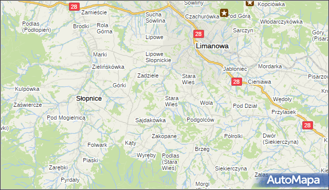 mapa Stara Wieś gmina Limanowa, Stara Wieś gmina Limanowa na mapie Targeo