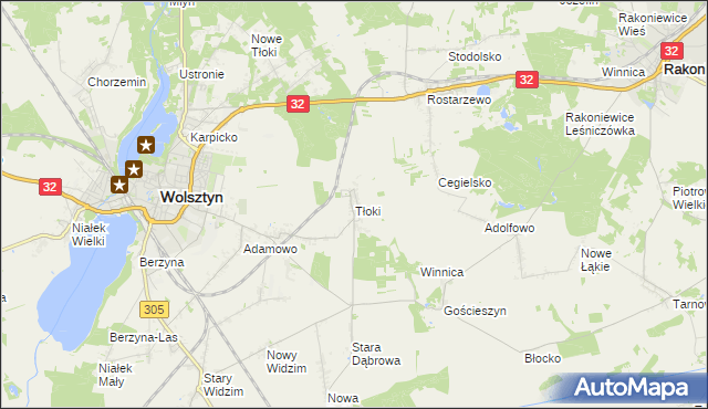 mapa Tłoki gmina Wolsztyn, Tłoki gmina Wolsztyn na mapie Targeo