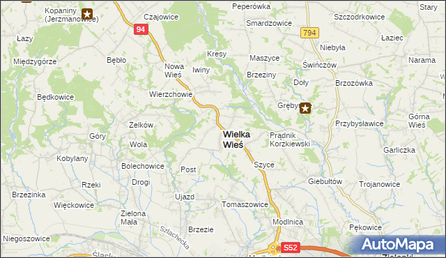 mapa Wielka Wieś powiat krakowski, Wielka Wieś powiat krakowski na mapie Targeo