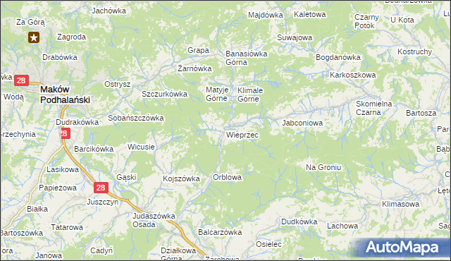 mapa Wieprzec gmina Maków Podhalański, Wieprzec gmina Maków Podhalański na mapie Targeo