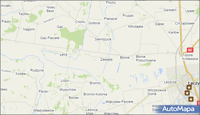mapa Zawada gmina Łęczyca, Zawada gmina Łęczyca na mapie Targeo