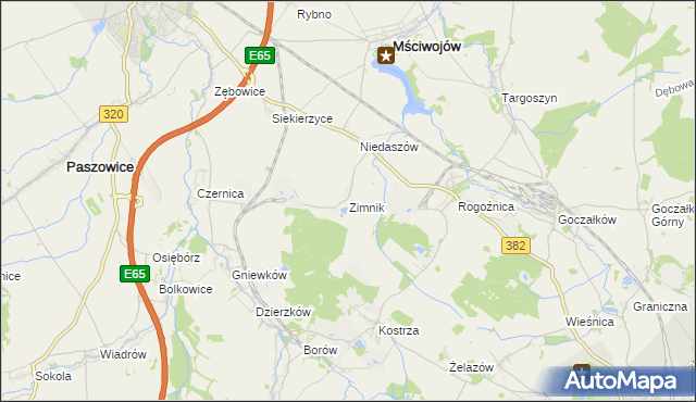 mapa Zimnik gmina Mściwojów, Zimnik gmina Mściwojów na mapie Targeo