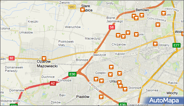 mapa Jawczyce gmina Ożarów Mazowiecki, Jawczyce gmina Ożarów Mazowiecki na mapie Targeo