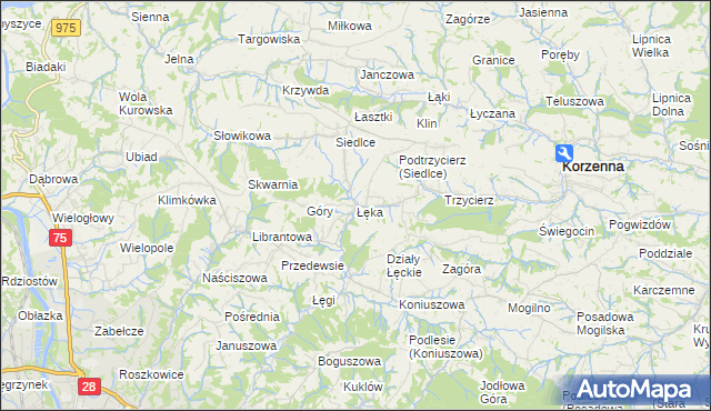 mapa Łęka gmina Korzenna, Łęka gmina Korzenna na mapie Targeo
