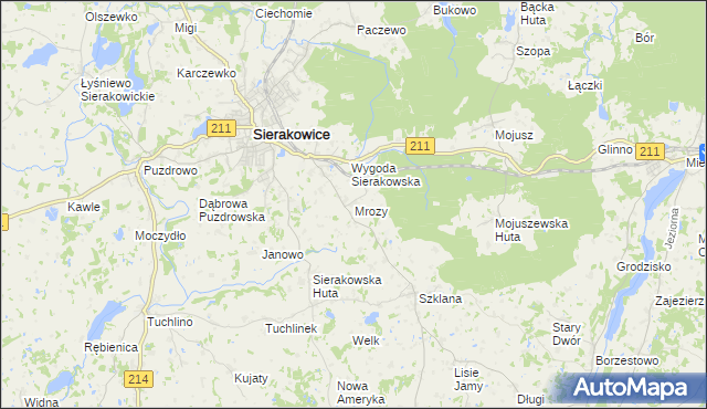 mapa Mrozy gmina Sierakowice, Mrozy gmina Sierakowice na mapie Targeo