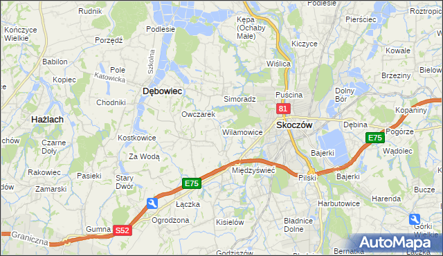 mapa Wilamowice gmina Skoczów, Wilamowice gmina Skoczów na mapie Targeo