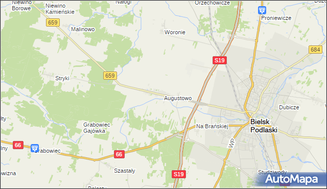 mapa Augustowo gmina Bielsk Podlaski, Augustowo gmina Bielsk Podlaski na mapie Targeo