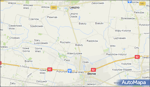 mapa Białuty gmina Błonie, Białuty gmina Błonie na mapie Targeo