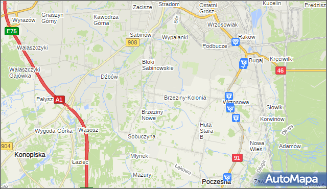 mapa Brzeziny-Kolonia, Brzeziny-Kolonia na mapie Targeo