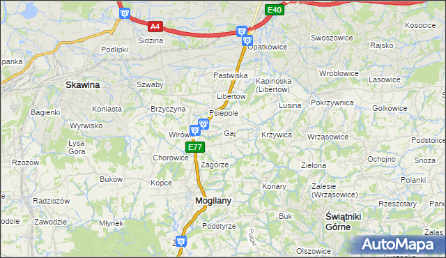 mapa Gaj gmina Mogilany, Gaj gmina Mogilany na mapie Targeo