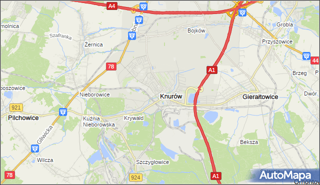 mapa Knurów powiat gliwicki, Knurów powiat gliwicki na mapie Targeo