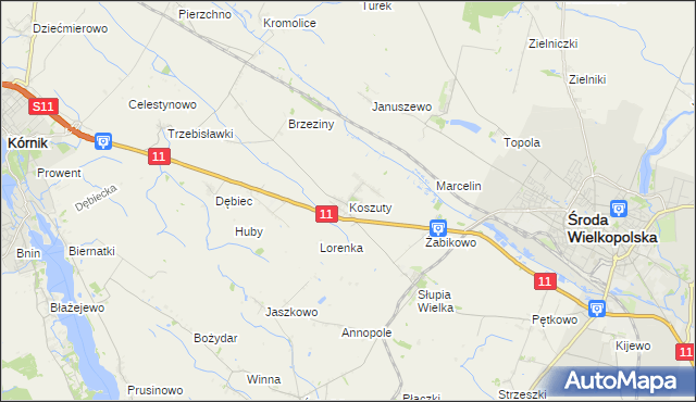 mapa Koszuty gmina Środa Wielkopolska, Koszuty gmina Środa Wielkopolska na mapie Targeo