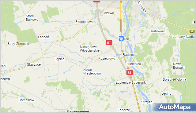 mapa Koziegłowy gmina Pokrzywnica, Koziegłowy gmina Pokrzywnica na mapie Targeo