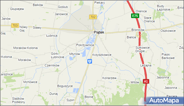 mapa Krzyszkowice gmina Piątek, Krzyszkowice gmina Piątek na mapie Targeo