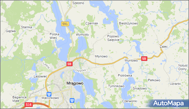 mapa Młynowo gmina Mrągowo, Młynowo gmina Mrągowo na mapie Targeo