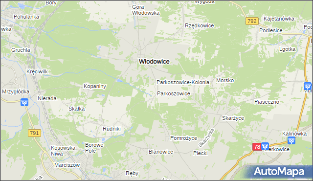 mapa Parkoszowice gmina Włodowice, Parkoszowice gmina Włodowice na mapie Targeo