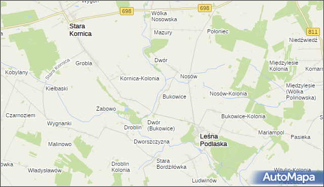 mapa Bukowice gmina Leśna Podlaska, Bukowice gmina Leśna Podlaska na mapie Targeo