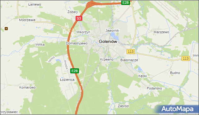 mapa Krzewno gmina Goleniów, Krzewno gmina Goleniów na mapie Targeo