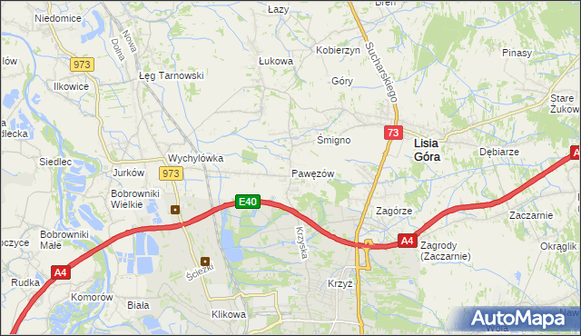 mapa Pawęzów gmina Lisia Góra, Pawęzów gmina Lisia Góra na mapie Targeo