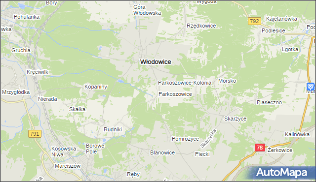 mapa Parkoszowice gmina Włodowice, Parkoszowice gmina Włodowice na mapie Targeo