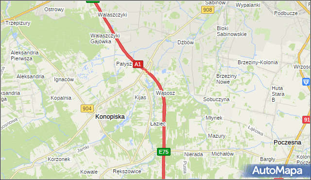 mapa Wąsosz gmina Konopiska, Wąsosz gmina Konopiska na mapie Targeo