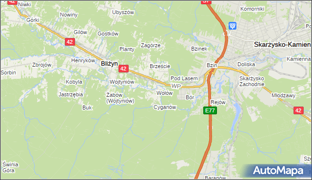 mapa Wołów gmina Bliżyn, Wołów gmina Bliżyn na mapie Targeo