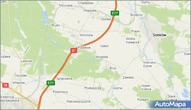 mapa Wygoda gmina Jędrzejów, Wygoda gmina Jędrzejów na mapie Targeo