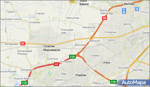 mapa Bronisze gmina Ożarów Mazowiecki, Bronisze gmina Ożarów Mazowiecki na mapie Targeo