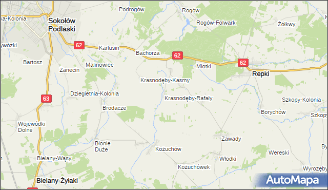 mapa Krasnodęby-Rafały, Krasnodęby-Rafały na mapie Targeo