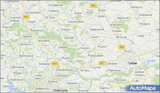 mapa Hucisko gmina Gdów, Hucisko gmina Gdów na mapie Targeo