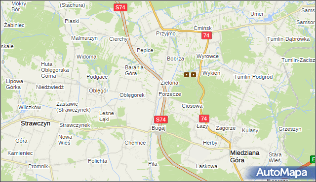 mapa Porzecze gmina Miedziana Góra, Porzecze gmina Miedziana Góra na mapie Targeo