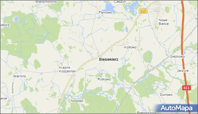 mapa Biesiekierz powiat koszaliński, Biesiekierz powiat koszaliński na mapie Targeo