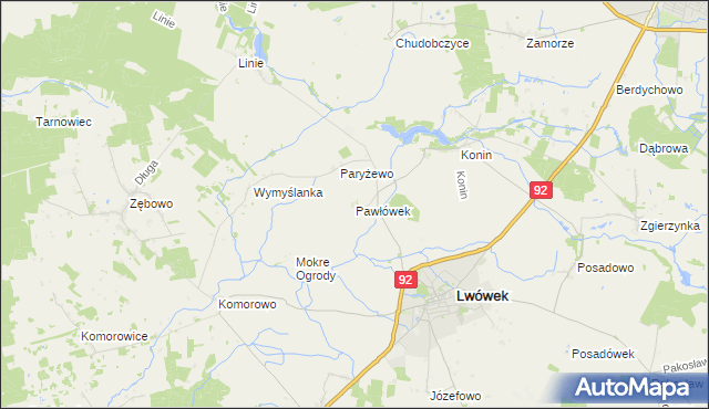 mapa Pawłówek gmina Lwówek, Pawłówek gmina Lwówek na mapie Targeo