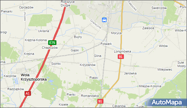 mapa Glina gmina Wola Krzysztoporska, Glina gmina Wola Krzysztoporska na mapie Targeo