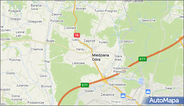 mapa Miedziana Góra powiat kielecki, Miedziana Góra powiat kielecki na mapie Targeo