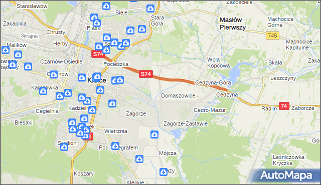 mapa Domaszowice gmina Masłów, Domaszowice gmina Masłów na mapie Targeo