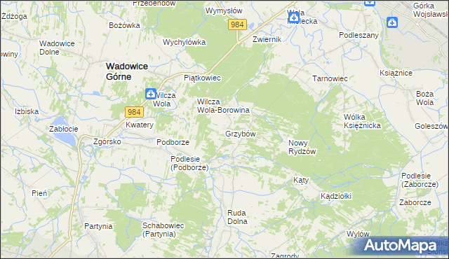 mapa Grzybów gmina Wadowice Górne, Grzybów gmina Wadowice Górne na mapie Targeo