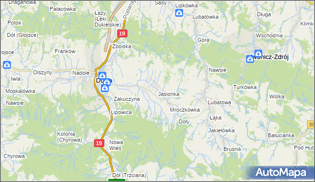 mapa Jasionka gmina Dukla, Jasionka gmina Dukla na mapie Targeo