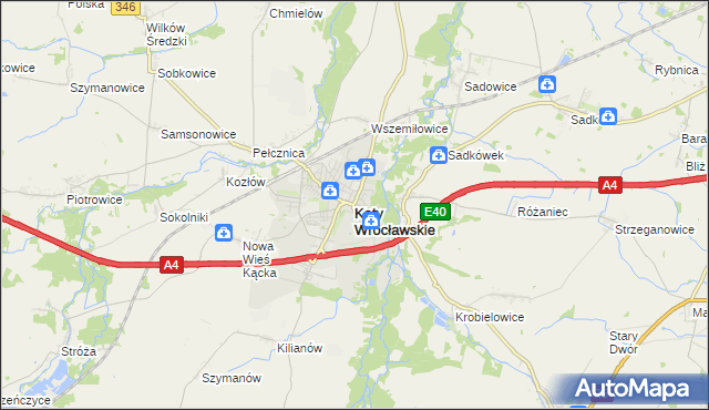 mapa Kąty Wrocławskie, Kąty Wrocławskie na mapie Targeo