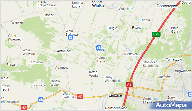 mapa Kolonia Krępa gmina Lgota Wielka, Kolonia Krępa gmina Lgota Wielka na mapie Targeo