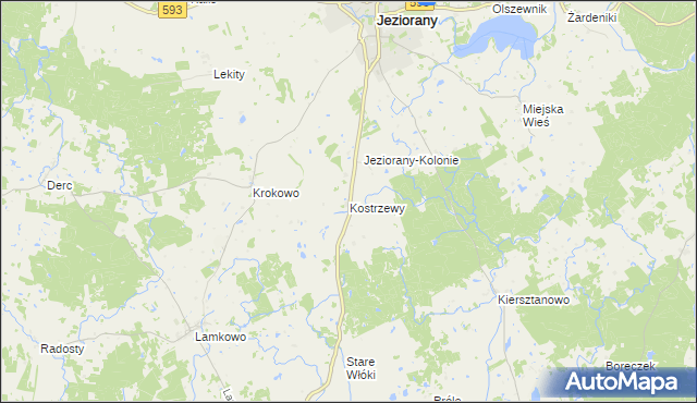 mapa Kostrzewy gmina Jeziorany, Kostrzewy gmina Jeziorany na mapie Targeo