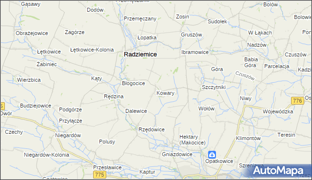 mapa Kowary gmina Radziemice, Kowary gmina Radziemice na mapie Targeo