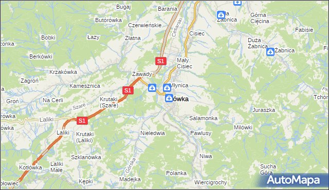 mapa Milówka powiat żywiecki, Milówka powiat żywiecki na mapie Targeo