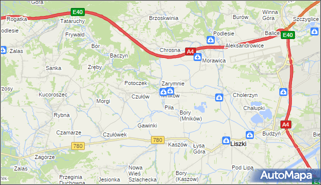 mapa Mników gmina Liszki, Mników gmina Liszki na mapie Targeo